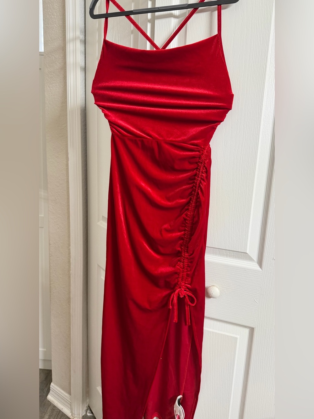 SHEIN Red Ruched High-Low Spaghetti Strap Midi Skirt
